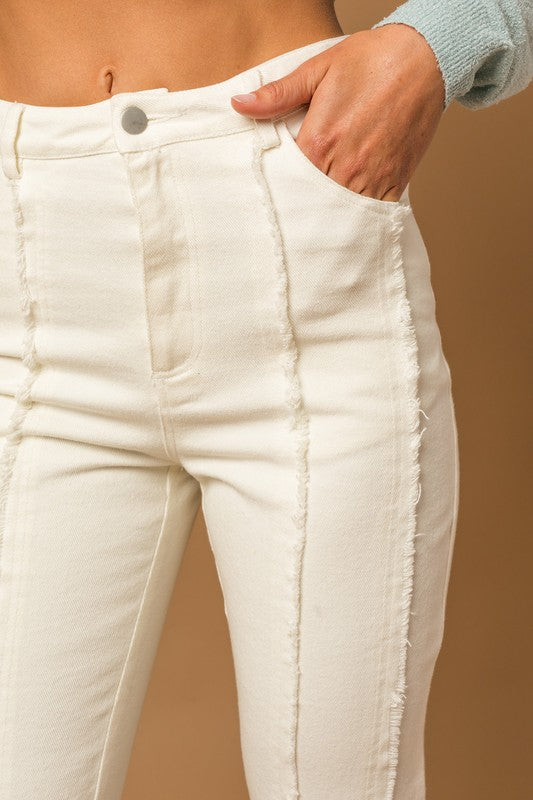 Frayed Hem Flare Pants up close