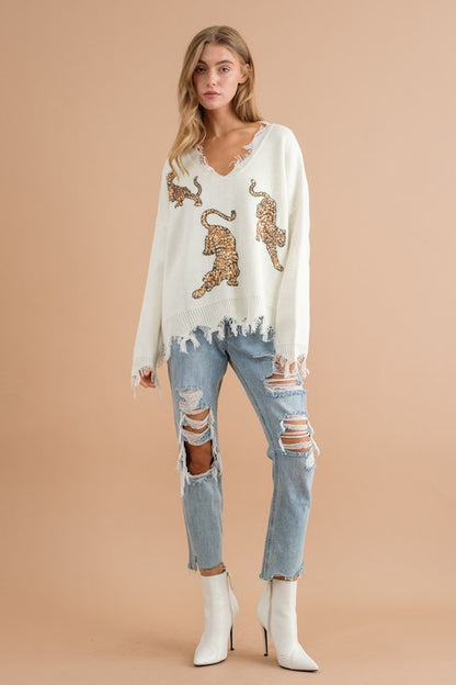 Frayed Edge Sequin Tiger Sweater