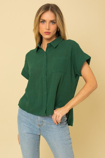 Button Down Short Sleeve Blouse green front