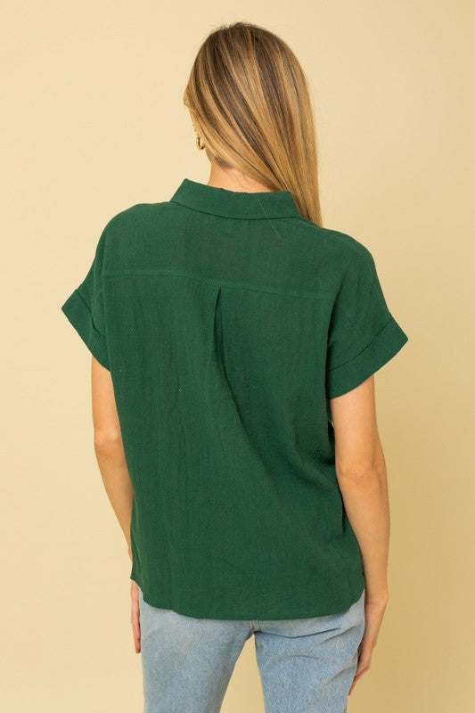 Button Down Short Sleeve Blouse green black