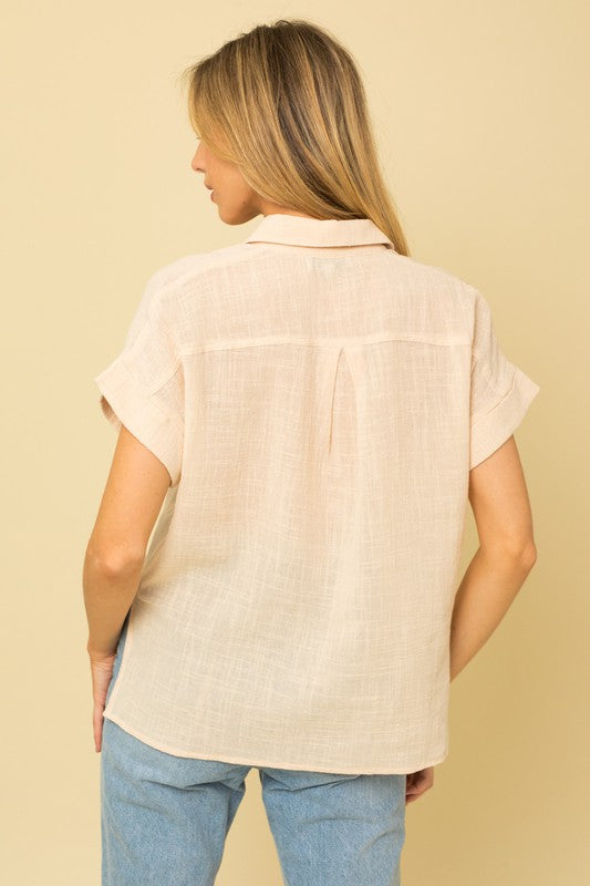 Button Down Short Sleeve Blouse light taupe back