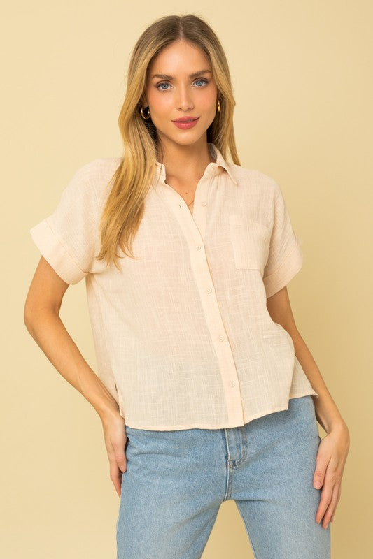 Button Down Short Sleeve Blouse light taupe