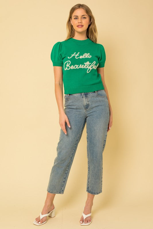 Short Sleeve Sweater Top Green full view