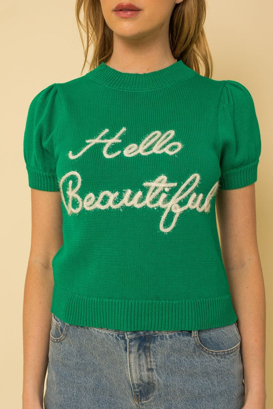 Short Sleeve Sweater Top green up close