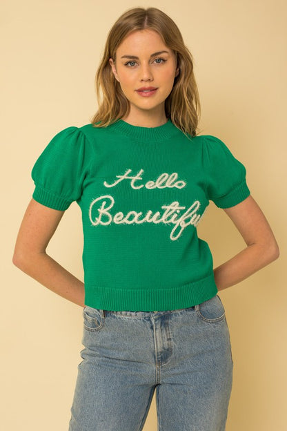 Short Sleeve Sweater Top Green front view