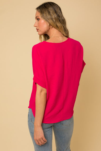 V-Slit Short Sleeve Blouse fuchsia back view