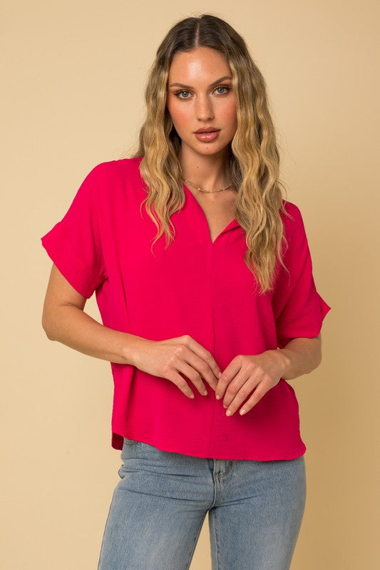 V-Slit Short Sleeve Blouse front fuchsia