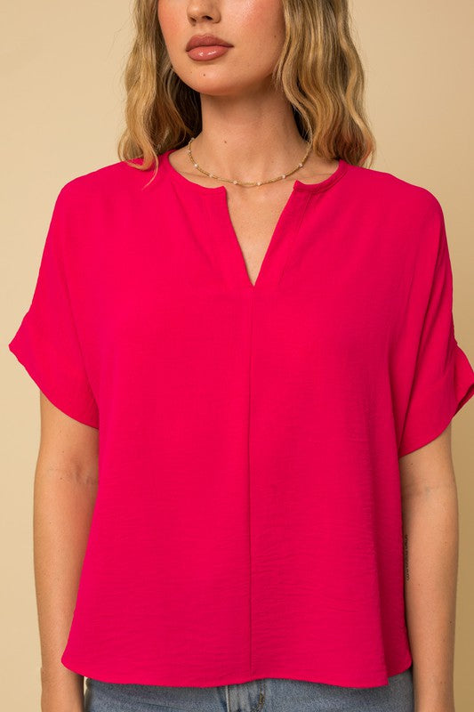 V-Slit Short Sleeve Blouse fuchsia up close