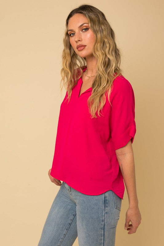 V-Slit Short Sleeve Blouse fuchsia side view