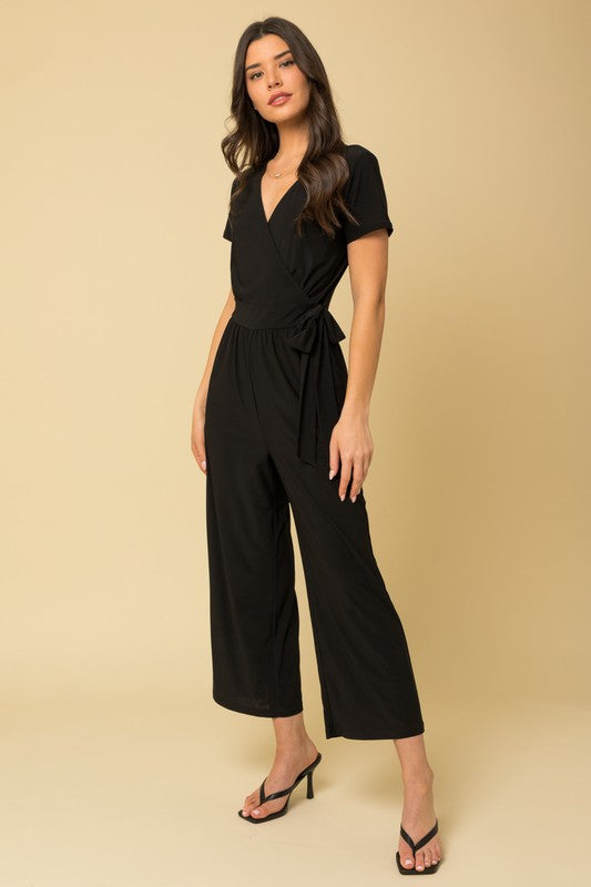 Solid Surplice Cropped Jumpsuit with Faux Wrap