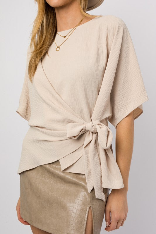 Side Cross Tie Blouse Oatmeal