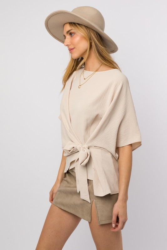 Side Cross Tie Blouse front/side view Oatmeal