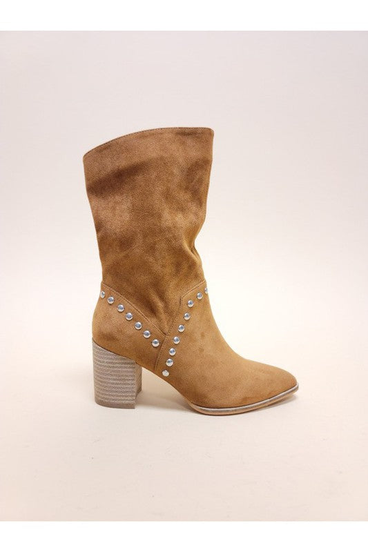 Midi Suede Booties with Studs Camel