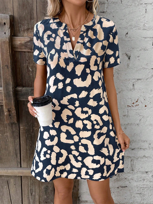 Printed Notched Short Sleeve Mini Dress