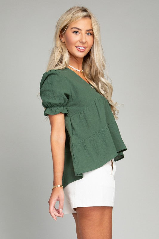 Button Front Puff Sleeve Blouse