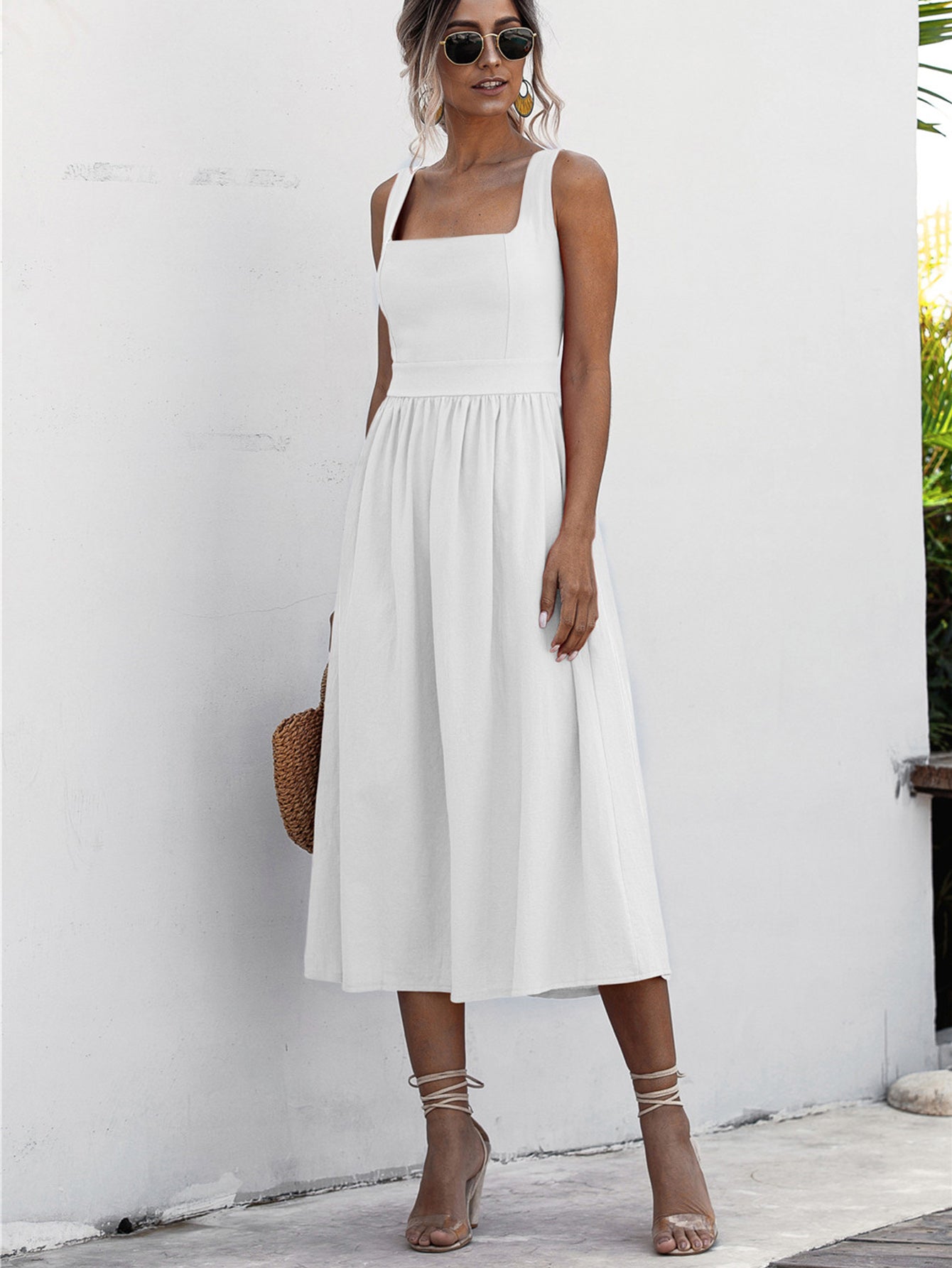 Square Neck Sleeveless Smocked Midi Dress White