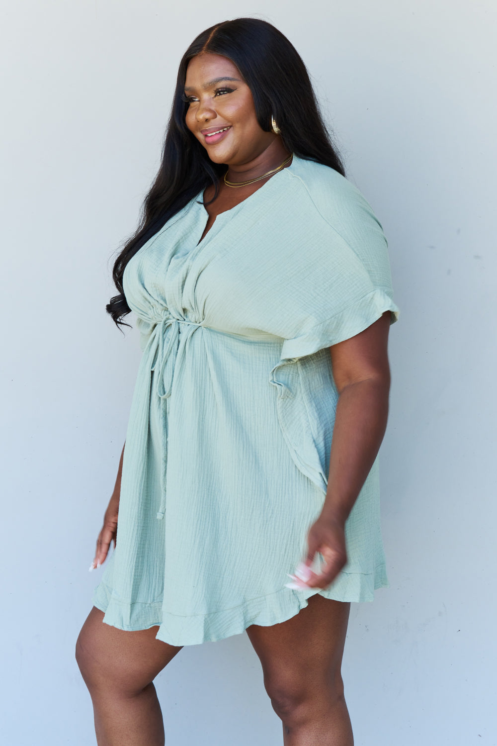 Out Of Time Full Size Ruffle Hem Dress with Drawstring Waistband in Light Sage