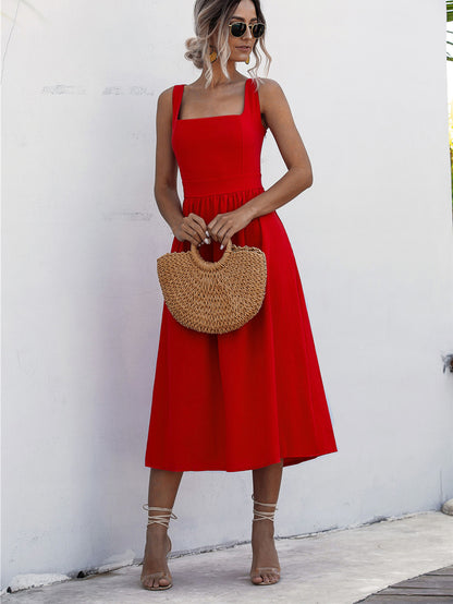 Square Neck Sleeveless Smocked Midi Dress Red