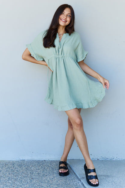 Out Of Time Full Size Ruffle Hem Dress with Drawstring Waistband in Light Sage