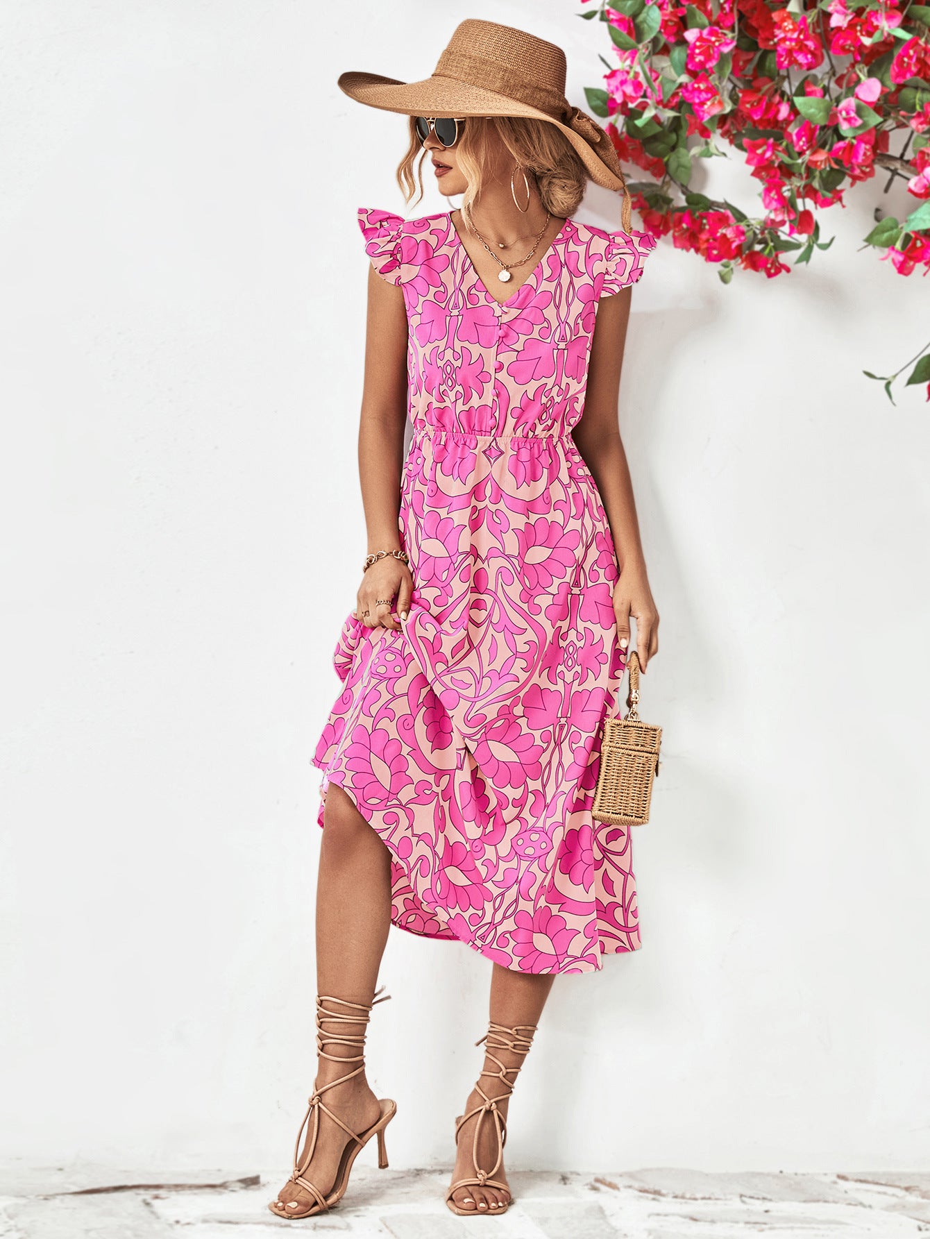 Floral V-Neck Cap Sleeve Dress Media 11 of 12