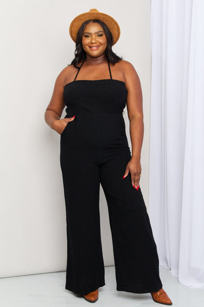 White Birch Halter Neck Wide Leg Jumpsuit with Pockets