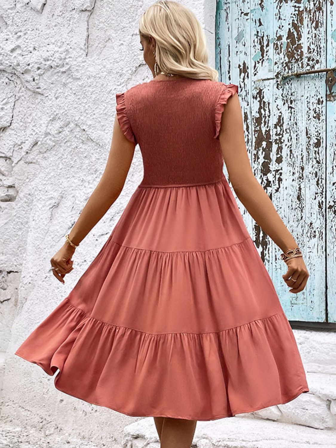 Smocked Round Neck Tiered Dress