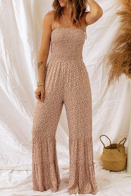 Floral Spaghetti Strap Smocked Wide Leg Jumpsuit Success