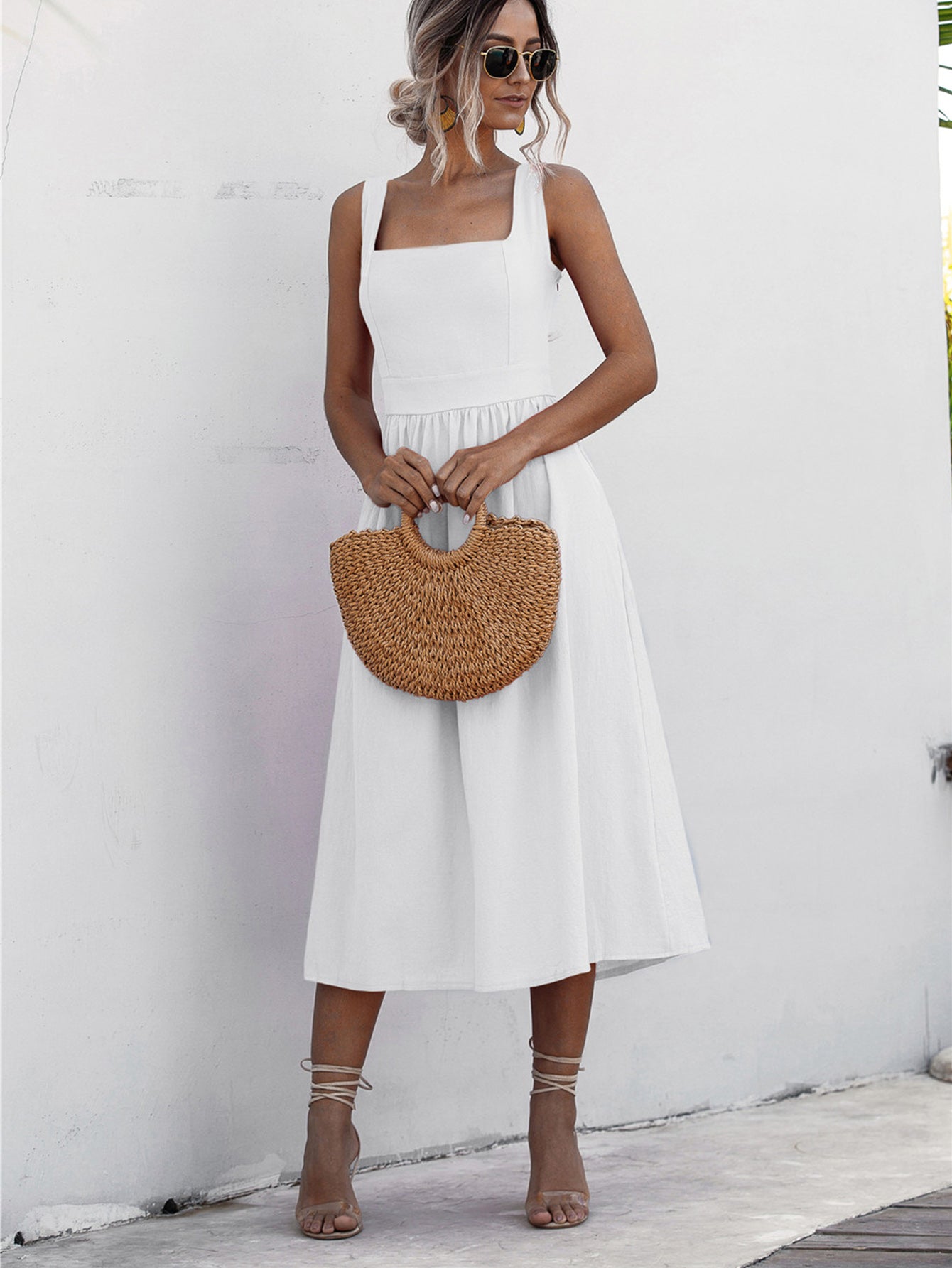 Square Neck Sleeveless Smocked Midi Dress White