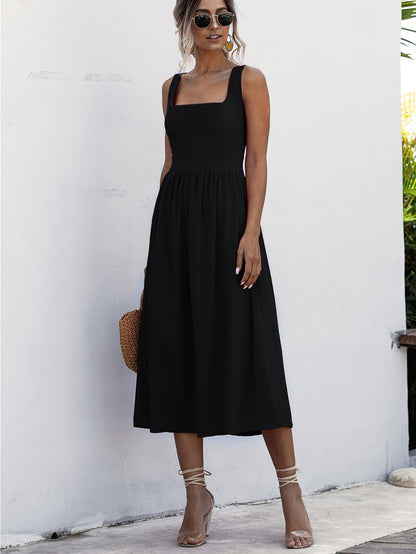 Square Neck Sleeveless Smocked Midi Dress Black