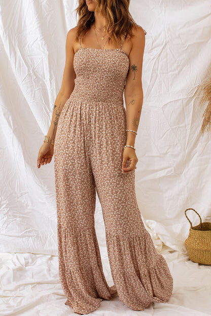 Floral Spaghetti Strap Smocked Wide Leg Jumpsuit Success