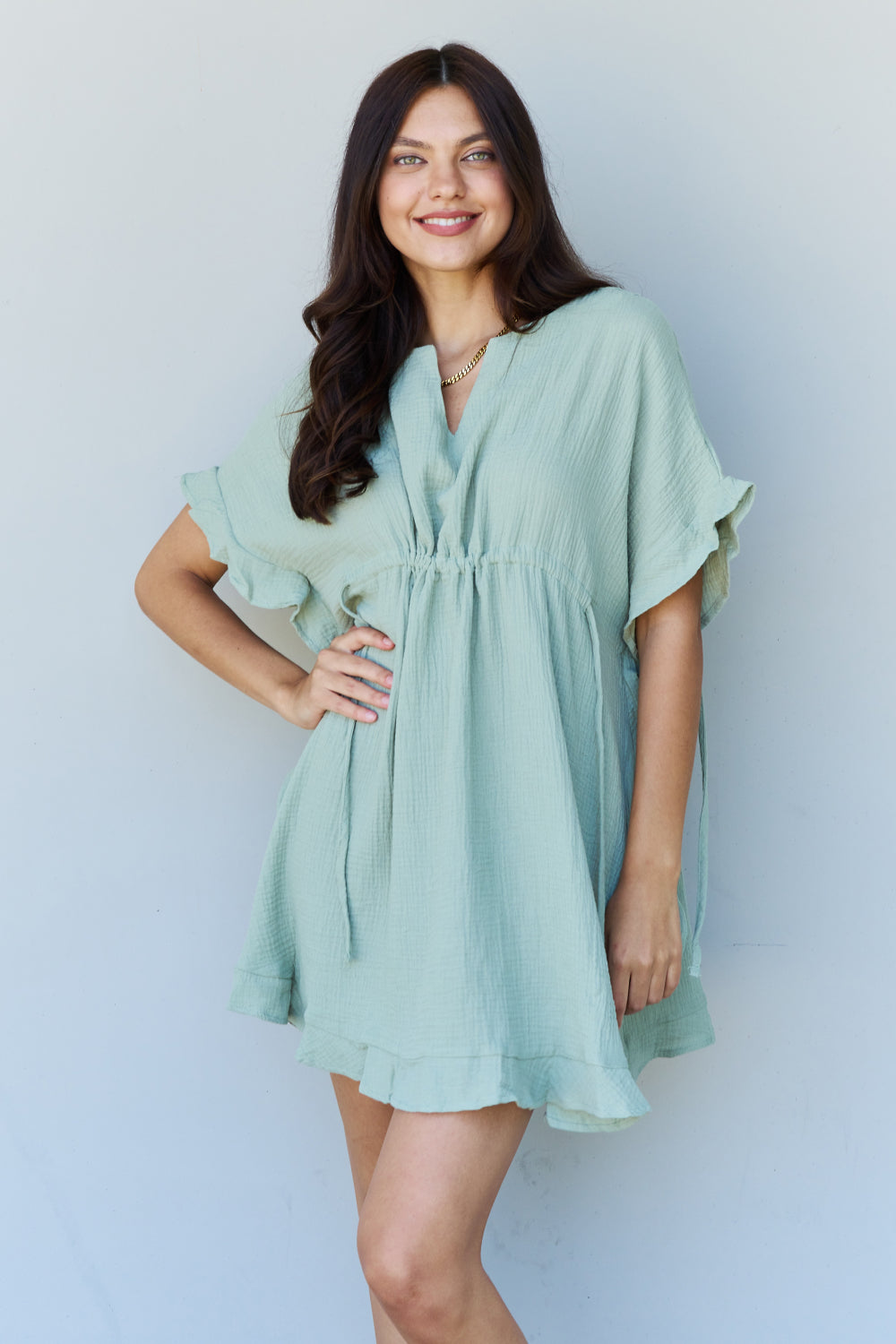 Out Of Time Full Size Ruffle Hem Dress with Drawstring Waistband in Light Sage