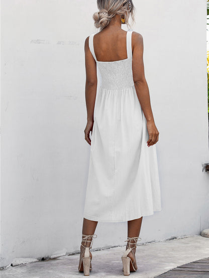 Square Neck Sleeveless Smocked Midi Dress