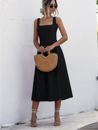 Square Neck Sleeveless Smocked Midi Dress Black