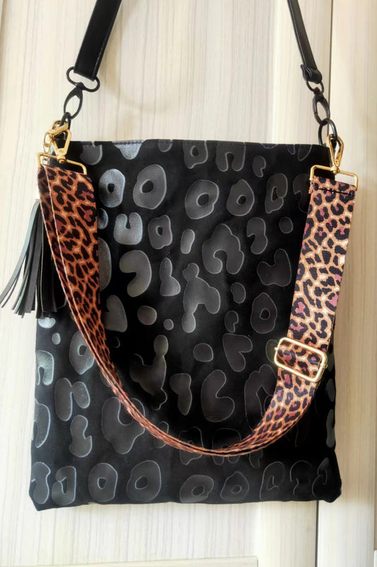 Leopard Leather Shoulder Bag with Tassel