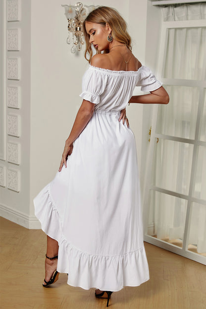 Off-Shoulder Drawstring Waist Ruffled High-Low Dress White