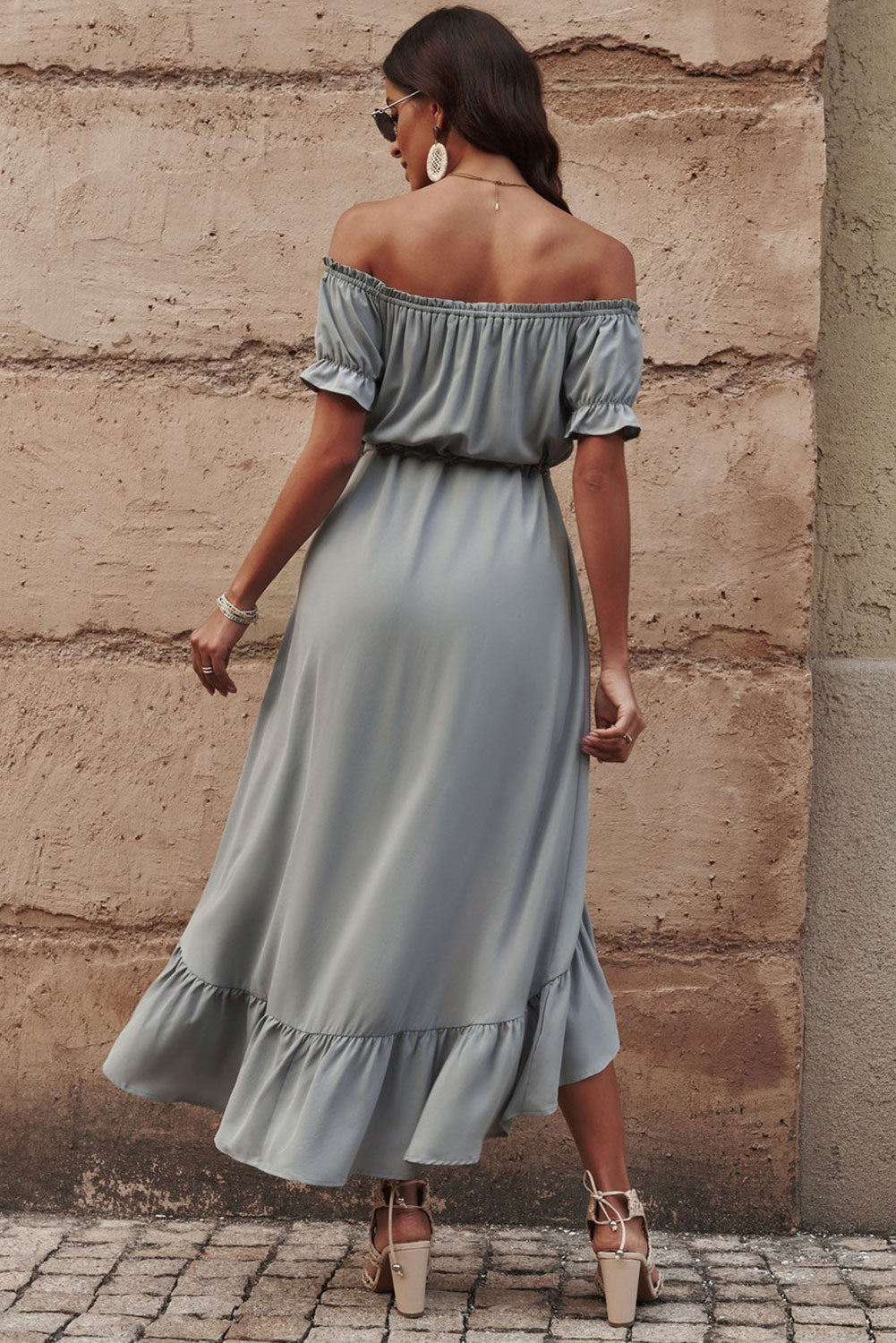 Off-Shoulder Drawstring Waist Ruffled High-Low Dress Gray