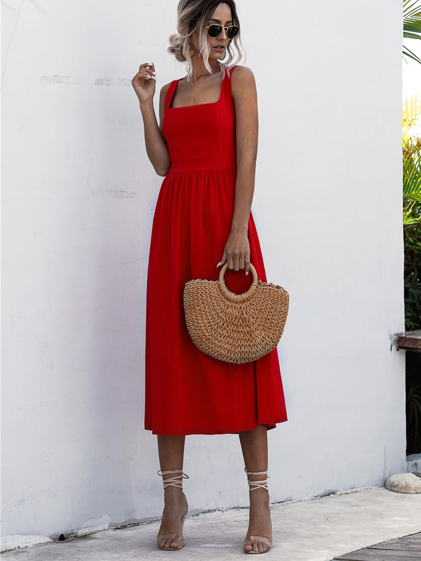 Square Neck Sleeveless Smocked Midi Dress Red