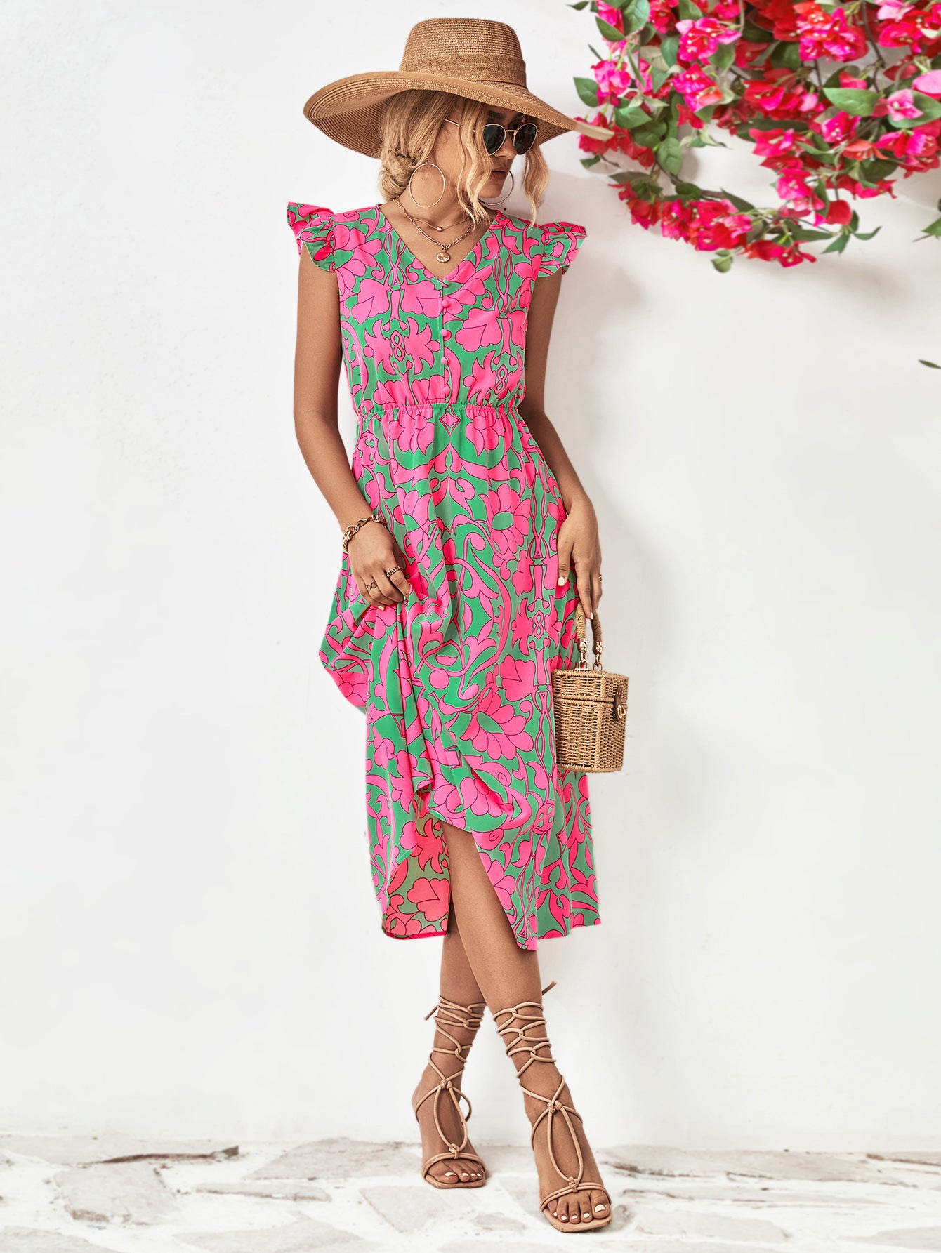 Floral V-Neck Cap Sleeve Dress Media 11 of 12